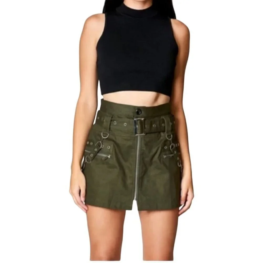 Carmar Los Angeles LF Army Green Goth Punk Emo Chain Embellished Mini Skirt Size